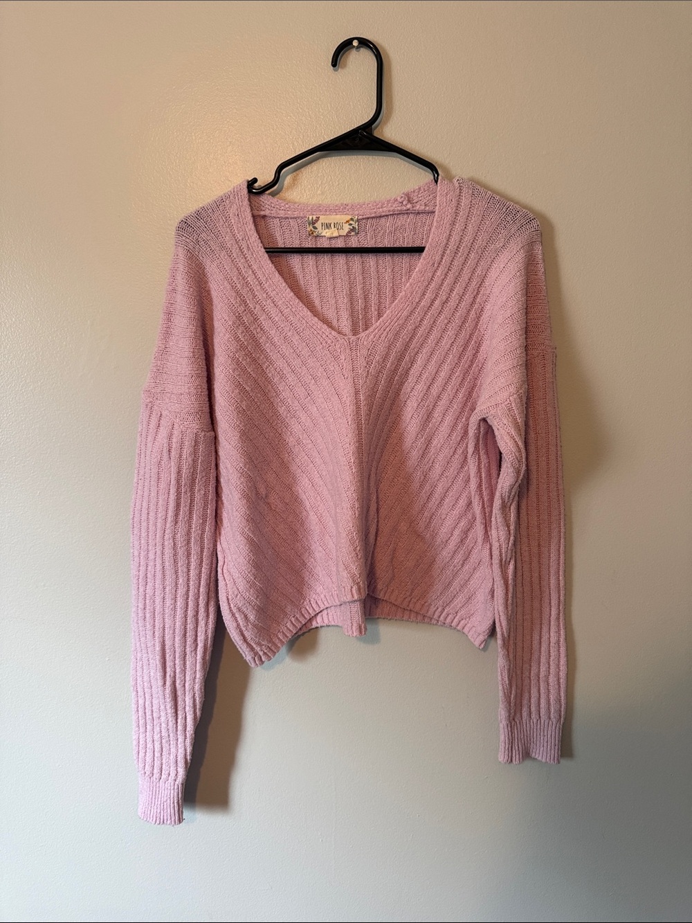 Pink Rose Blush/purple Ribbed V-Neck Sweater